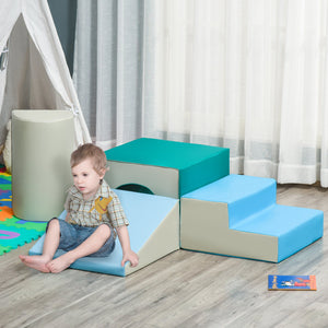 Indendørs blødt legeudstyr | Montessori 5 stykke skum legesæt | Soft Play Slide | Grå, blå & grøn | 1-3 år