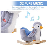 Felpa y suave, el amplio asiento del pingüino está completamente acolchado para mayor comodidad y cuenta con un botón de música en el ala. 