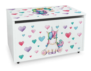 Montessori Unicorn Toy Box with Slow Close Safety Hinge | White | Pastels | H:46 x W:71.5 x D:40 cm