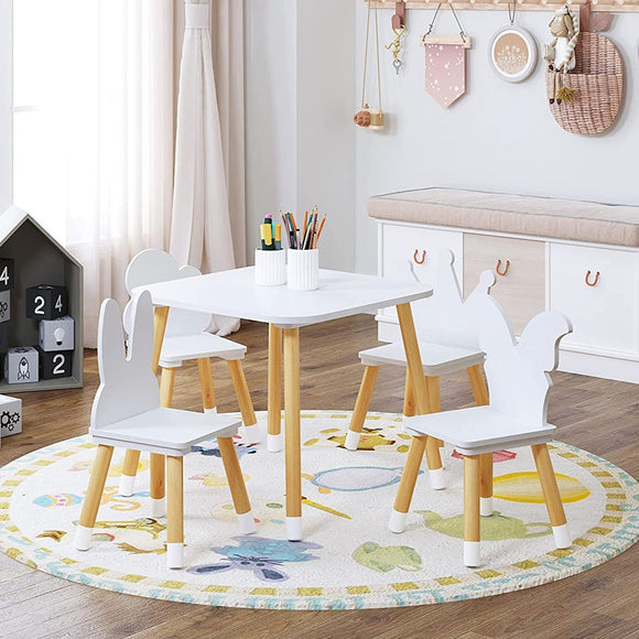 Childrens Montessori Eco-Conscious Pine Wood Table & 4 Chairs | White & Natural Pine