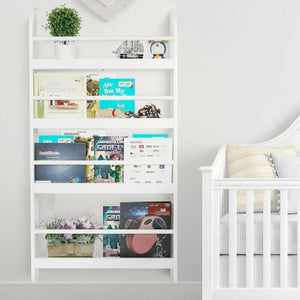 Vauvojen ja taaperoiden 4-kerroksinen seinälle kiinnitettävä montessori-kirjahylly | valkoinen | 1,13m korkea