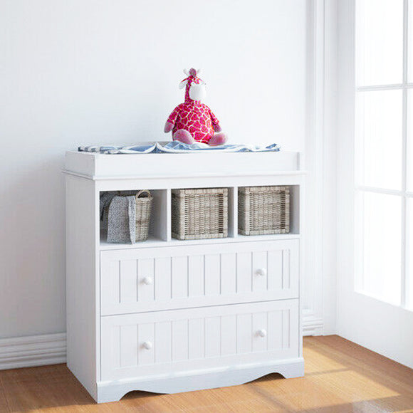This white wooden baby changing unit can be used when baby has grown up as an everyday piece of furniture