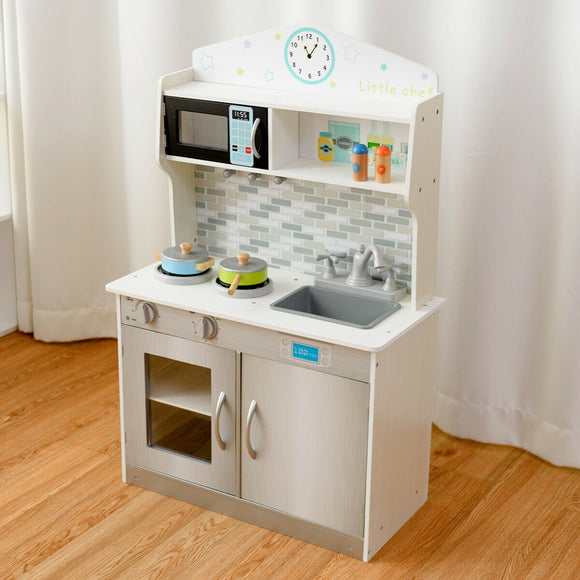Children's | Kids Wooden Toy Kitchen including Playset | White & Grey | 3-7 Years