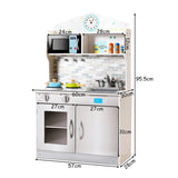 This wooden toy kitchen is 95.5cm high x 57cm wide and x 28cm deep