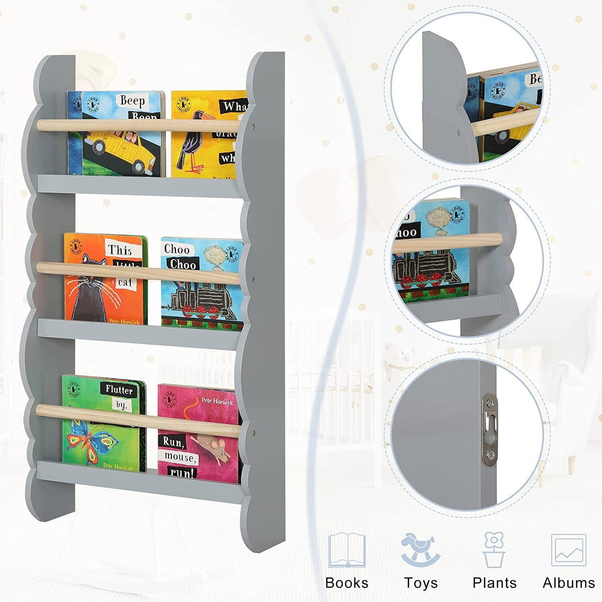 Scandi-Design 3 Tier Wall Mounted Montessori Bookcase | Grey – www ...