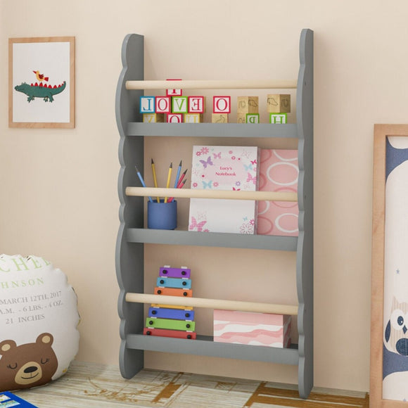 Scandi-Design 3 Tier Wall Mounted Montessori Bookcase | Grey 