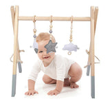 Respetuoso del medio ambiente | Gimnasio para bebés de madera de pino 100% natural | plegable | alfombra de juego para bebés | natural y gris | 3m+