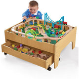 Wooden Train Set , 2-in-1 Wooden Train Table & City Play Table with 120pc Train Set